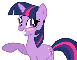 Size: 2604x2056 | Tagged: safe, artist:andoanimalia, character:twilight sparkle, character:twilight sparkle (unicorn), species:pony, species:unicorn, episode:swarm of the century, g4, my little pony: friendship is magic, blushing, embarrassed, female, grin, mare, raised hoof, simple background, smiling, solo, squee, transparent background, vector