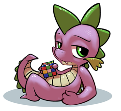Size: 1831x1681 | Tagged: safe, artist:gsphere, character:spike, species:dragon, bored, looking at you, male, on back, rubik's cube, simple background, solo, white background