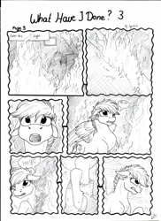 Size: 2550x3506 | Tagged: safe, artist:lupiarts, oc, oc only, oc:chess, comic:what have i done, black and white, comic, dream, fire, grayscale, monochrome, nightmare, sad, traditional art