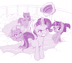 Size: 1000x869 | Tagged: safe, artist:dstears, character:maud pie, character:starlight glimmer, character:trixie, character:twilight sparkle, character:twilight sparkle (alicorn), species:alicorn, species:earth pony, species:pony, species:unicorn, angry, blushing, bucket, cross-popping veins, female, glowing horn, gritted teeth, hot springs, implied starburst, implied sunburst, levitation, magic, mare, monochrome, offscreen character, onsen, purple, smiling, telekinesis, tsundere, we don't normally wear clothes