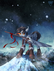 Size: 980x1300 | Tagged: safe, artist:margony, oc, oc only, species:pegasus, species:pony, boots, clothing, commission, female, floppy ears, glaive, looking at you, mare, mountain, mouth hold, scenery, shoes, snow, solo, weapon, ych result
