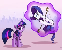 Size: 1000x806 | Tagged: safe, artist:gsphere, character:rarity, character:twilight sparkle, archery, bow (weapon), bow and arrow, magic, wat
