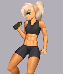 Size: 1800x2100 | Tagged: safe, artist:elzzombie, character:applejack, species:anthro, species:earth pony, species:pony, abs, alternate hairstyle, applejacked, clothing, female, looking at you, mare, muscles, ponytail, simple background, solo, sports bra, sports shorts