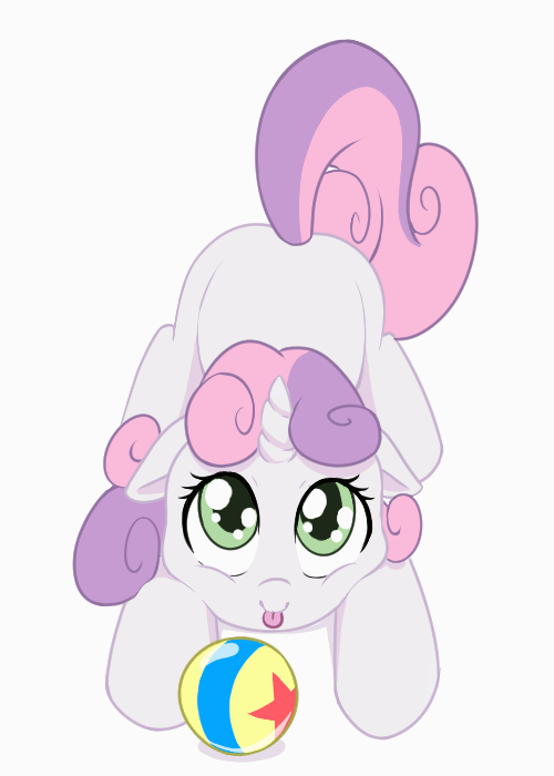 Size: 500x700 | Tagged: safe, artist:dstears, character:sweetie belle, species:pony, species:unicorn, animated, ball, behaving like a dog, blank flank, blep, butt shake, cute, dawwww, diasweetes, eye shimmer, female, filly, floppy ears, frame by frame, gif, looking at you, looking up, luxo's ball, pixar, plot, silly, simple background, solo, sweet dreams fuel, tail wag, tongue out, weapons-grade cute, white background