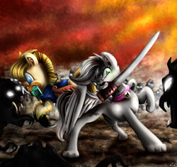 Size: 1700x1600 | Tagged: safe, artist:candyclumsy, oc, oc only, back to back, badass, collar, dog pony, duo, fight, sword, weapon