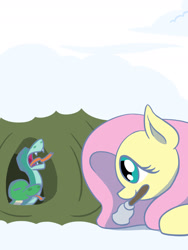 Size: 1350x1800 | Tagged: safe, artist:flutterluv, character:fluttershy, species:pegasus, species:pony, episode:winter wrap up, g4, my little pony: friendship is magic, bell, burrow, female, mare, mouth hold, rupert, snake, snow