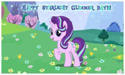 Size: 2656x1602 | Tagged: safe, artist:andoanimalia, artist:mlp-vector-collabs, artist:twls7551, character:starlight glimmer, species:pony, female, looking at you, mare, open mouth, raised hoof, scenery, solo, starlight glimmer day, text
