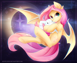 Size: 3748x3080 | Tagged: safe, artist:koveliana, character:flutterbat, character:fluttershy, species:bat pony, species:pony, species:rabbit, chromatic aberration, crescent moon, cute, female, flying, looking at you, mare, moon, plushie, race swap, shyabates, shyabetes, smiling, solo, transparent moon