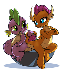 Size: 1989x2298 | Tagged: safe, artist:gsphere, character:smolder, character:spike, species:dragon, ship:spolder, episode:school daze, g4, my little pony: friendship is magic, crossed arms, cute, dragoness, female, intertwined tails, looking at each other, male, shipping, simple background, sitting, smiling, smolderbetes, straight, tail wrap, white background
