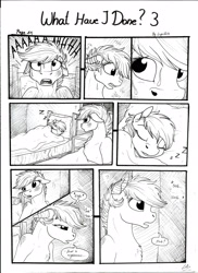 Size: 2550x3506 | Tagged: safe, artist:lupiarts, oc, oc only, oc:chess, oc:sally, comic:what have i done, black and white, comic, dialogue, dramatic, female, filly, foal, grayscale, monochrome, sad, screaming, sleeping, sobbing, speech bubble, sweat, traditional art, waking nightmares, waking up