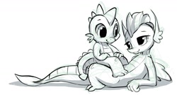 Size: 1843x987 | Tagged: safe, artist:gsphere, character:smolder, character:spike, species:dragon, ship:spolder, episode:school daze, g4, my little pony: friendship is magic, cute, dragoness, female, looking at each other, male, on back, shipping, simple background, sitting on person, sketch, smiling, smolderbetes, spikabetes, straight, white background
