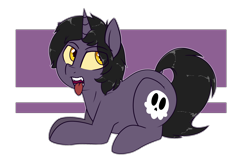 Size: 2000x1300 | Tagged: safe, artist:notenoughapples, oc, oc only, oc:skullpon, species:pony, species:unicorn, male, prone, sharp teeth, simple background, solo, stallion, teeth, tongue out, transparent background