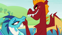 Size: 900x506 | Tagged: safe, artist:queencold, character:garble, character:princess ember, species:dragon, ship:emble, dragoness, duo, female, holding chin, lake, looking at each other, male, romantic, shipping, straight, touching face, tree