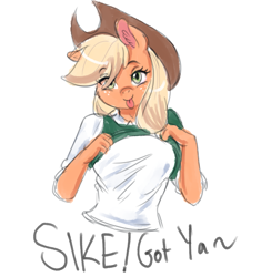 Size: 1469x1563 | Tagged: safe, artist:mrscurlystyles, character:applejack, species:anthro, species:earth pony, species:pony, april fools, clothing, cowboy hat, female, hat, shirt, shirt lift, smiling, stetson, tongue out