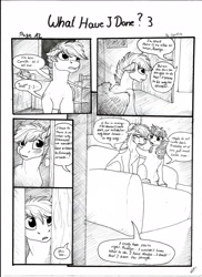 Size: 2550x3506 | Tagged: safe, artist:lupiarts, oc, oc only, oc:camilla curtain, oc:chess, oc:roselyn bloom, comic:what have i done, black and white, comic, crying, daughter, dialogue, female, grayscale, monochrome, mother, sad, speech bubble, traditional art