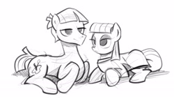 Size: 2253x1284 | Tagged: safe, artist:gsphere, character:maud pie, character:mudbriar, species:earth pony, species:pony, episode:the maud couple, g4, my little pony: friendship is magic, female, grayscale, male, mare, monochrome, simple background, sketch, stallion, white background