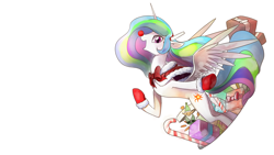 Size: 7814x4395 | Tagged: safe, artist:gashiboka, character:princess celestia, absurd resolution, candy, candy cane, christmas, female, food, holiday, present, red nose, rudolph the red nosed reindeer, simple background, solo, toy, white background