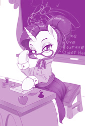Size: 800x1181 | Tagged: safe, artist:dstears, character:rarity, species:pony, species:unicorn, episode:school daze, g4, my little pony: friendship is magic, chalkboard, clothing, dress, female, glasses, horn, looking at you, mare, monochrome, raised eyebrows, schoolmarm rarity, solo, teacher
