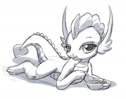 Size: 1632x1280 | Tagged: safe, artist:gsphere, character:smolder, species:dragon, cereal, dragoness, eating, female, food, grayscale, looking at you, monochrome, prone, simple background, sketch, spoon, white background, wingless