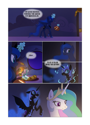 Size: 1024x1429 | Tagged: safe, artist:gashiboka, character:nightmare moon, character:princess celestia, character:princess luna, species:alicorn, species:pony, comic:scar of solar, comic, female, fireplace, flashback, korean, magic, mare, nightmare moon glamour, prank, telekinesis, this will end in tears and/or a journey to the moon