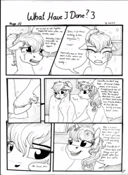 Size: 2550x3506 | Tagged: safe, artist:lupiarts, oc, oc only, oc:camilla curtain, oc:chess, oc:roselyn bloom, comic:what have i done, black and white, cheering up, comic, crying, dramatic, family, grayscale, monochrome, sad, traditional art