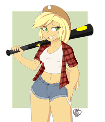 Size: 1900x2200 | Tagged: safe, artist:notenoughapples, character:applejack, species:human, baseball bat, belly button, clothing, cowboy hat, hat, humanized, midriff, plaid shirt, shorts, smiling, stetson, tank top