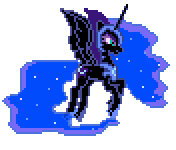Size: 176x150 | Tagged: safe, artist:botchan-mlp, character:nightmare moon, character:princess luna, species:alicorn, species:pony, desktop ponies, animated, cute, ethereal mane, female, flying, galaxy mane, gif, mare, moonabetes, pixel art, simple background, solo, sprite, transparent background