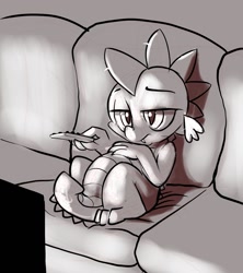 Size: 1305x1470 | Tagged: safe, artist:gsphere, character:spike, species:dragon, bored, couch, grayscale, male, monochrome, remote, sitting, sketch, solo, television