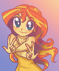 Size: 998x1198 | Tagged: safe, artist:rileyav, character:sunset shimmer, my little pony:equestria girls, anime, anime eyes, beautiful, clothing, crossed arms, cute, dress, female, hnnng, looking at you, peace sign, shimmerbetes, smiling, solo, sundress