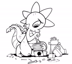 Size: 1928x1694 | Tagged: safe, artist:gsphere, character:spike, species:dragon, black and white, engine, grayscale, male, monochrome, oil, screwdriver, simple background, sketch, solo, tools, white background