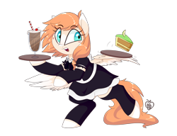 Size: 1280x985 | Tagged: safe, artist:notenoughapples, oc, oc only, species:pegasus, species:pony, cake, clothing, female, food, milkshake, simple background, solo, transparent background, waitress