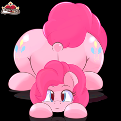 Size: 4400x4400 | Tagged: safe, artist:ribiruby, character:pinkie pie, species:earth pony, species:pony, :3, absurd resolution, balloonbutt, black background, both cutie marks, cute, diapinkes, dock, face down ass up, female, looking at you, mare, simple background, smiling, solo