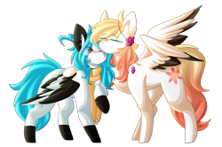 Size: 2170x1440 | Tagged: safe, artist:despotshy, oc, oc only, oc:beatz, oc:ember (cinnamontee), species:pegasus, species:pony, female, hug, mare, simple background, transparent background, two toned wings