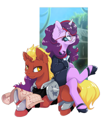 Size: 1024x1270 | Tagged: safe, artist:arctic-fox, oc, oc only, oc:aramau, oc:firebrand, species:pony, species:unicorn, buckler, clothing, commission, crossed legs, female, glasses, high heels, male, map, mare, shield, shoes, simple background, sitting on pony, skirt, skirt suit, stallion, suit, transparent background, tube skirt