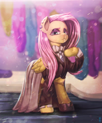 Size: 2480x2992 | Tagged: safe, artist:mrs1989, character:fluttershy, species:pegasus, species:pony, episode:fake it 'til you make it, clothing, ear piercing, earring, eyeshadow, female, fluttergoth, hoof on chest, jewelry, lidded eyes, makeup, mare, piercing, snow, solo, wings