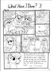 Size: 2550x3506 | Tagged: safe, artist:lupiarts, oc, oc only, oc:camilla curtain, oc:chess, oc:roselyn bloom, oc:sally, comic:what have i done, black and white, comic, daughter, dialogue, dramatic, eating, female, grayscale, job, monochrome, newspaper, pencil, sad, sisters, speech bubble, story, traditional art