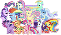 Size: 1787x1037 | Tagged: safe, artist:theshadowstone, artist:zekrom-9, editor:php77, character:applejack, character:bon bon, character:fluttershy, character:lyra heartstrings, character:pinkie pie, character:rainbow dash, character:rarity, character:starlight glimmer, character:sunset shimmer, character:sweetie drops, character:trixie, character:twilight sparkle, character:twilight sparkle (alicorn), species:alicorn, species:pony, alternate mane seven, mane eleven, mane six, rainbow power, rainbow power-ified, simple background, transparent background