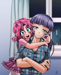 Size: 1543x1900 | Tagged: safe, artist:mauroz, character:maud pie, character:pinkie pie, species:human, cheek pinch, clothing, crossed arms, curtain, cute, equestria amino, female, humanized, looking at you, open mouth, pantyhose, pie sisters, siblings, signature, sisters, skirt, smiling, window