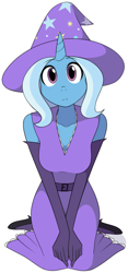 Size: 1351x2877 | Tagged: safe, artist:furrgroup, character:trixie, species:anthro, species:plantigrade anthro, species:pony, species:unicorn, breasts, cleavage, clothing, cute, diatrixes, dress, female, hat, kneeling, looking at you, mare, shoes, simple background, trixie's hat, white background