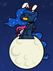 Size: 1350x1800 | Tagged: safe, artist:flutterluv, character:pinkie pie, character:princess luna, species:alicorn, species:earth pony, species:pony, series:flutterluv's full moon, chibi, duo, full moon, moon, mouth hold, tangible heavenly object