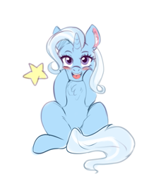 Size: 1079x1280 | Tagged: safe, artist:mrscurlystyles, derpibooru original, character:trixie, species:pony, species:unicorn, blushing, chest fluff, cute, dawwww, diabetes, diatrixes, female, happy, mare, simple background, smiling, solo, stars, white background