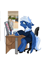 Size: 1768x2500 | Tagged: safe, artist:arctic-fox, oc, oc only, oc:lunacy, species:pegasus, species:pony, chair, clothing, complaining, computer, cup, desk, desktop, ear fluff, female, groan, lidded eyes, mare, office, office chair, pc, simple background, sitting, solo, white background, working