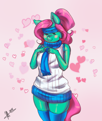 Size: 2344x2780 | Tagged: safe, artist:mrscurlystyles, oc, oc:💚, species:anthro, species:earth pony, species:pony, species:unguligrade anthro, blushing, clothing, female, heart, scarf, socks, sweater