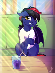 Size: 3000x4000 | Tagged: safe, artist:lupiarts, oc, oc only, oc:noctis fructosi junior, species:bat pony, species:pony, angry, bat pony oc, clothing, commission, cup, drink, fangs, i'm not cute, male, shirt, sitting, solo, stallion