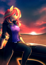 Size: 990x1400 | Tagged: safe, artist:bakki, character:sunset shimmer, species:anthro, species:pony, species:unicorn, car, clothing, commission, female, jacket, mare, pants, rouge, shirt