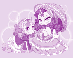 Size: 1490x1200 | Tagged: safe, artist:dstears, character:rarity, character:sweetie belle, species:pony, species:unicorn, abstract background, clothing, dress, duo, female, filly, frilly dress, gradient background, hoof hold, lolita fashion, looking at you, mare, monochrome, purple, siblings, sisters, smiling, umbrella