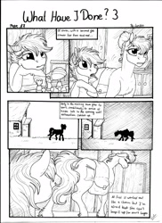 Size: 2550x3506 | Tagged: safe, artist:lupiarts, oc, oc only, oc:camilla curtain, oc:chess, oc:sally, species:pegasus, species:pony, comic:what have i done, black and white, comic, dialogue, female, filly, foal, grayscale, monochrome, sad, speech bubble, traditional art, workaholic