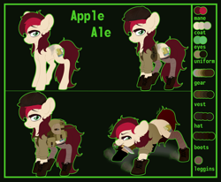 Size: 4000x3296 | Tagged: safe, artist:meowcephei, oc, oc:appleale, species:earth pony, species:pony, fallout equestria, blouse, body armor, boots, bulletproof vest, cider, clothing, crush cap, fallout, female, kukri, leg wrapping, mare, military uniform, reference sheet, scavenger, shoes, shorts, solo, two toned mane, wasteland