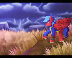 Size: 2700x2205 | Tagged: safe, artist:fkk, oc, oc only, oc:swiftsketch, species:pegasus, species:pony, colored sketch, commission, fallout, game, male, pipboy, solo, stallion, thunder, walking, ych result