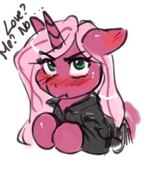 Size: 540x635 | Tagged: safe, artist:mrscurlystyles, oc, oc only, oc:pynk hyde, species:pony, blushing, clothing, embarrassed, jacket, rocker